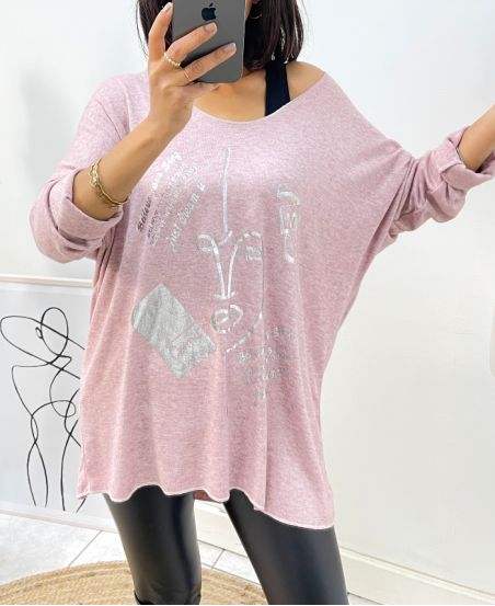 PULLOVER LEGER FLOCAGE PORTAIT AH387 ROSE