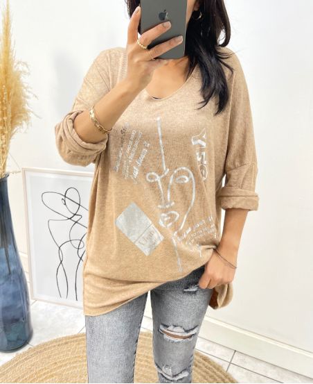 PULLOVER LEGER FLOCAGE PORTAIT AH387 CAMEL