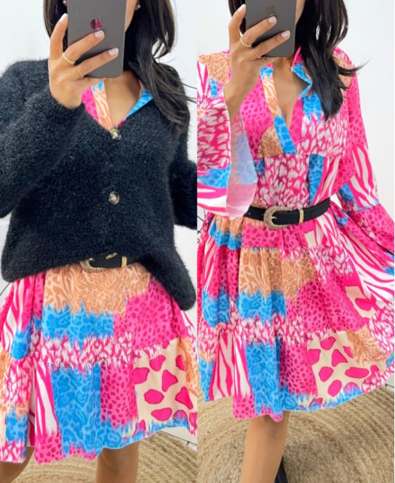 OVERSIZED DRESS PRINTED PE871 FUSHIA