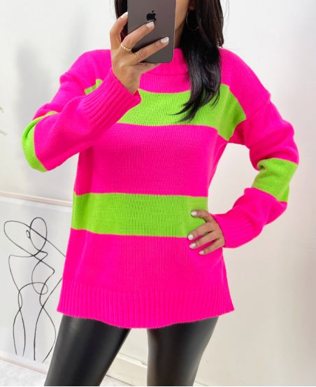 STRIPED SWEATER AW418 NEON PINK-LEMON GREEN