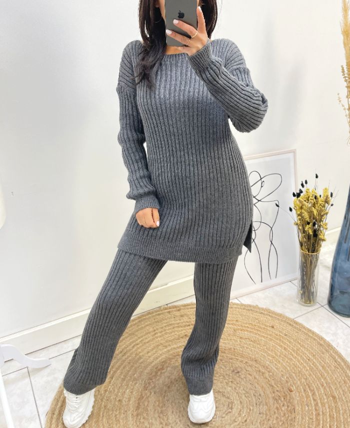 COMFY SWEATER SET MATCHING PANTS AH574 DARK GREY www.grossiste pret a porter