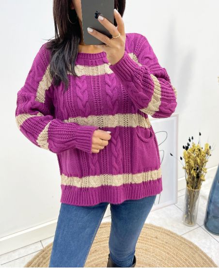 PULLOVER TORSADE LUREX 2 POCHES AH618 PRUNE