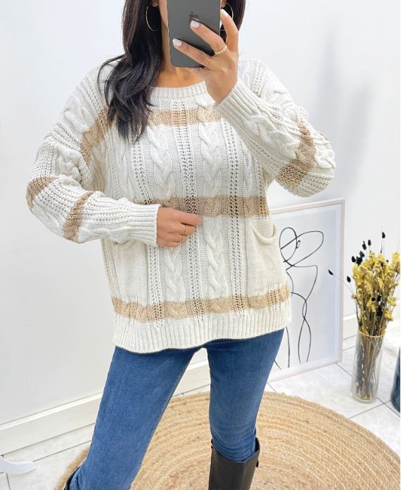 PULLOVER TORSADE LUREX 2 POCHES AH618 BEIGE