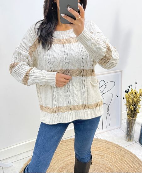 PULLOVER TORSADE LUREX 2 POCHES AH618 BEIGE