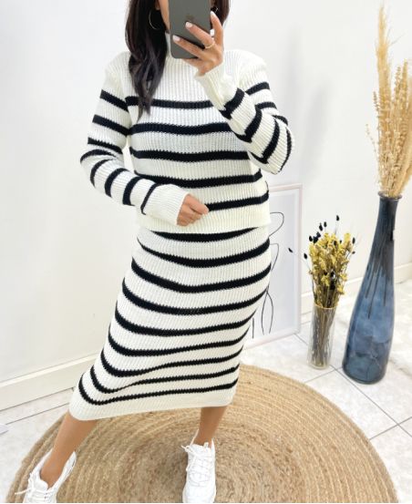 STRIPED SWEATER + SKIRT SET AW666 WHITE