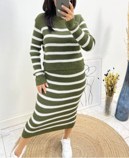 STRIPED SWEATER + SKIRT SET AH666 KAKI