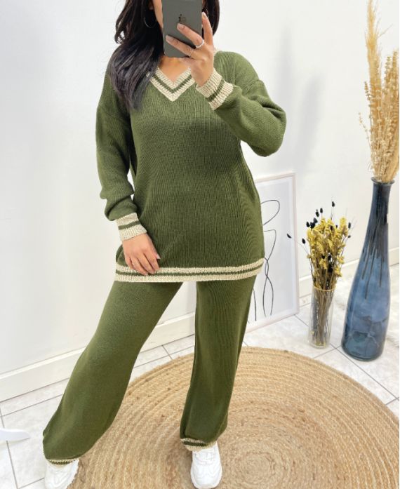 CONJUNTO DE SUÉTER CON CUELLO EN V + PANTALÓN DE LUREX AW684 VERDE