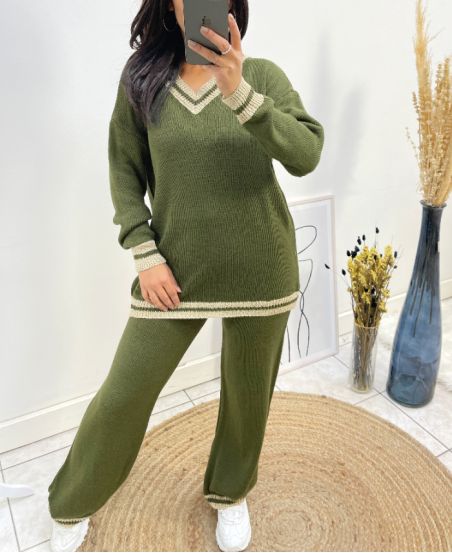 CONJUNTO DE SUÉTER CON CUELLO EN V + PANTALÓN DE LUREX AW684 VERDE