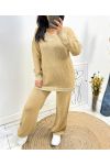 LUREX PULLOVER MIT V-AUSSCHNITT + HOSE CAMEL SET AH684