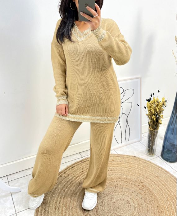 LUREX PULLOVER MIT V-AUSSCHNITT + HOSE CAMEL SET AH684