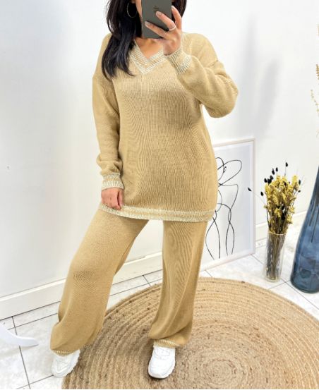 ENSEMBLE LUREX COL V PULLOVER + PANTALON AH684 CAMEL