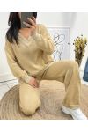 LUREX PULLOVER MIT V-AUSSCHNITT + HOSE CAMEL SET AH684