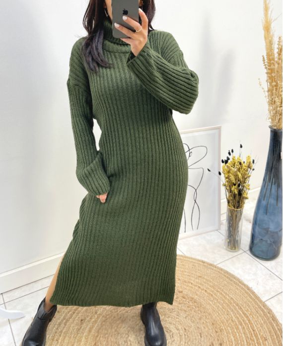 TURTLENECK KNIT DRESS SLIT GREEN AW742