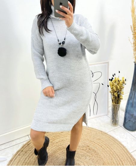PULL ROBE COL ROULE + COLLIER POMPON AH718 GRIS