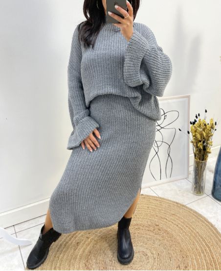 ENSEMBLE OVERSIZE PULLOVER + JUPE MAILLE AH717 GRIS