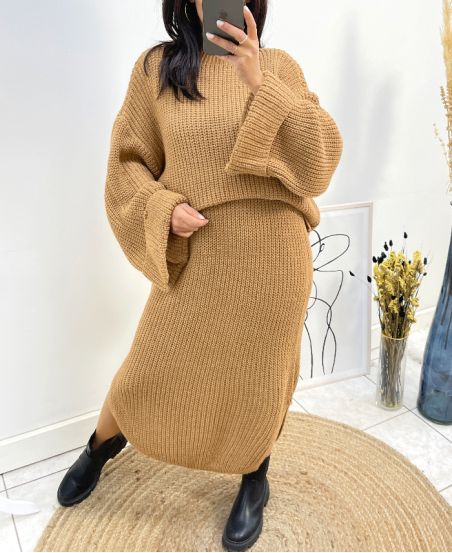 MAXI SWETER + DZIANINOWY KOMPLET SPÓDNICY AH717 CAMEL