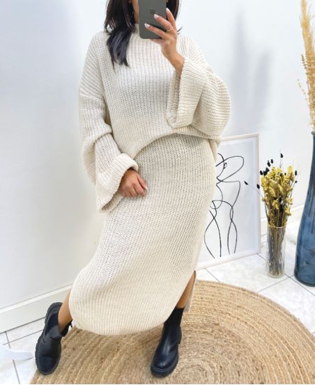 ENSEMBLE MAXI PULLOVER + JUPE MAILLE AH717 BEIGE
