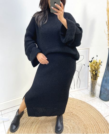 ENSEMBLE MAXI PULLOVER + JUPE MAILLE AH717 NOIR