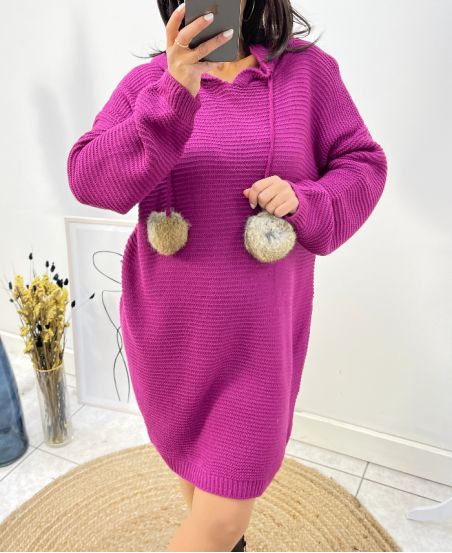 "CURVY" PULL ROBE OVERSIZE A CAPUCHE POMPONS FANTAISIE AH736 PRUNE