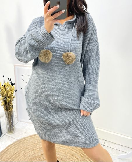 "CURVY" PULL ROBE OVERSIZE A CAPUCHE POMPONS FANTAISIE AH736 GRIS