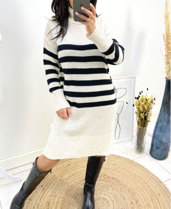 STRIPED TURTLENECK DRESS AW752 BEIGE