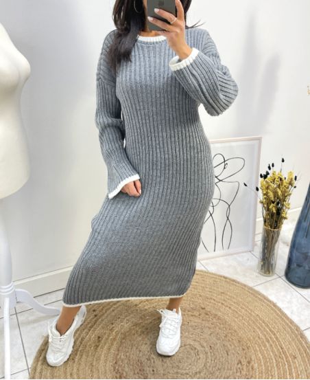 VESTIDO LARGO DE PUNTO CUELLO REDONDO AW728 GRIS