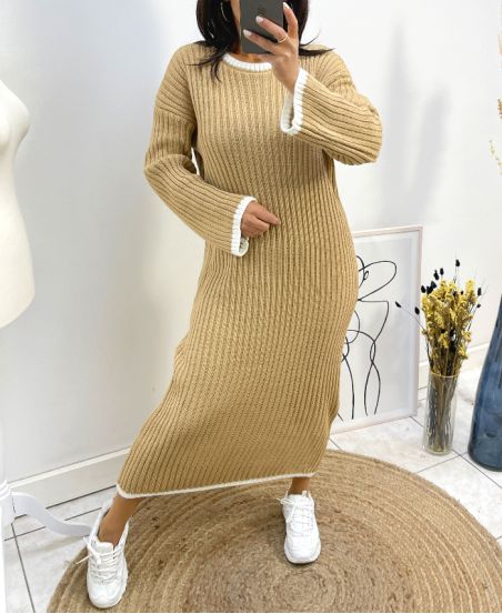 ROBE LONGUE MAILLE COL ROND AH728 CAMEL