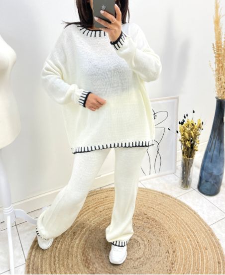 ENSEMBLE SURPIQURE PULLOVER + PANTALON AH724 BLANC