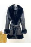 PACK 3 FAUX LEATHER COATS FAUX FUR COLLAR S-M-L AH710 BLACK