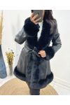 PACK 3 FAUX LEATHER COATS FAUX FUR COLLAR S-M-L AH710 BLACK