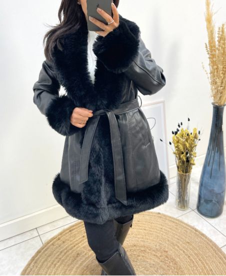 PACK 3 FAUX LEATHER COATS FAUX FUR COLLAR S-M-L AH710 BLACK