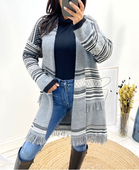 CARDIGAN CON FRANGE CON STAMPA ETNICA AH764 GRIGIO