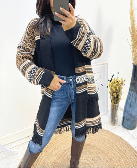 ETHNIC FRINGE PRINT CARDIGAN AH764 BLACK