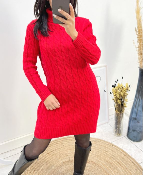 VESTIDO RULL CUELLO TRENZADO AW808 ROJO