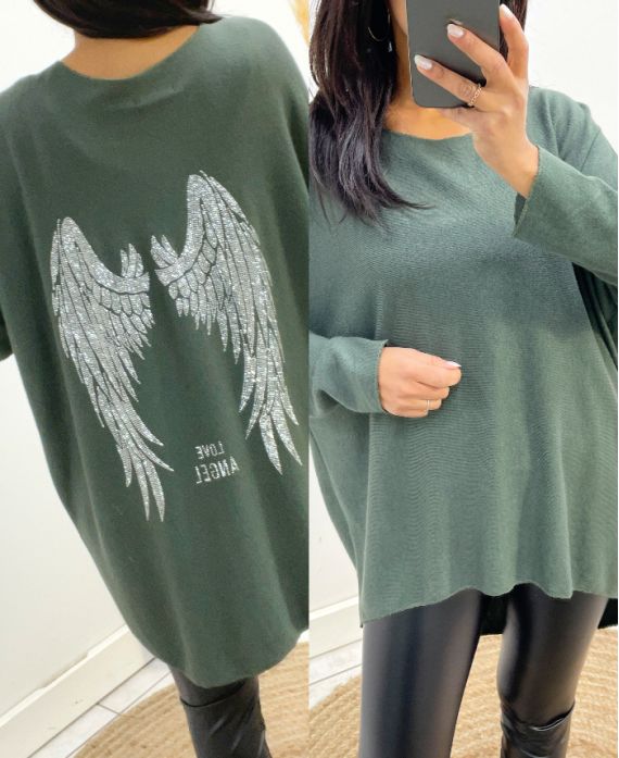 SWEATER THIN BACK WINGS RHINESTONE 2102 MILITARY GREEN