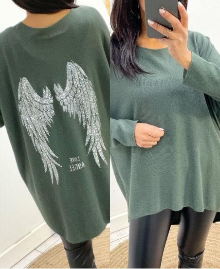 SWEATER THIN BACK WINGS RHINESTONE 2102 MILITARY GREEN