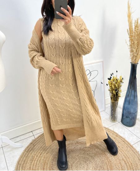 ENSEMBLE ROBE + GILET LONG TORSADES AH795 CAMEL