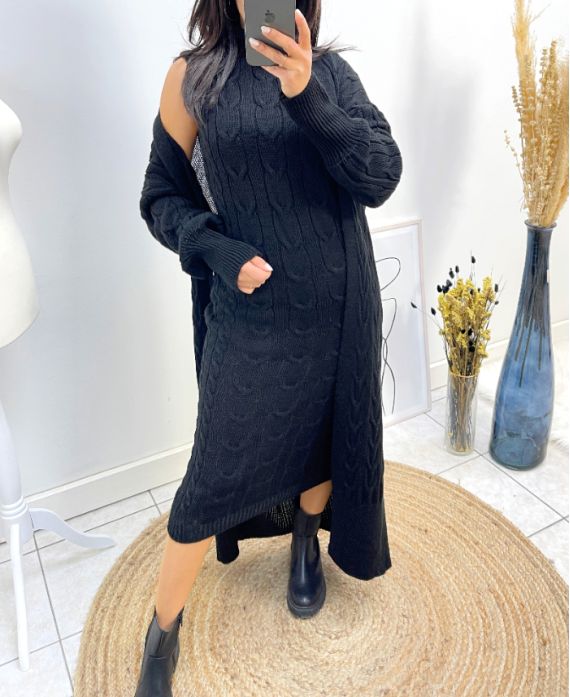 ENSEMBLE ROBE + GILET LONG TORSADES AH795 NOIR