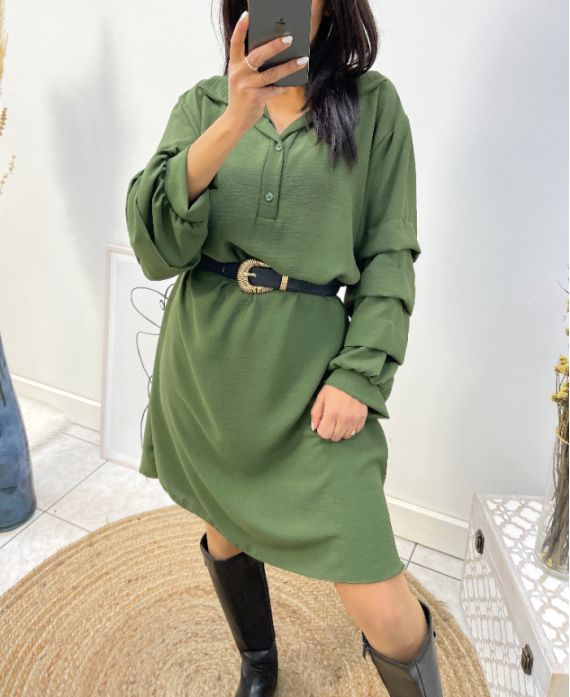 SUKIENKA Z BUFIASTYMI RĘKAWAMI Z KOLEKCJI CURVY AW562 KHAKI