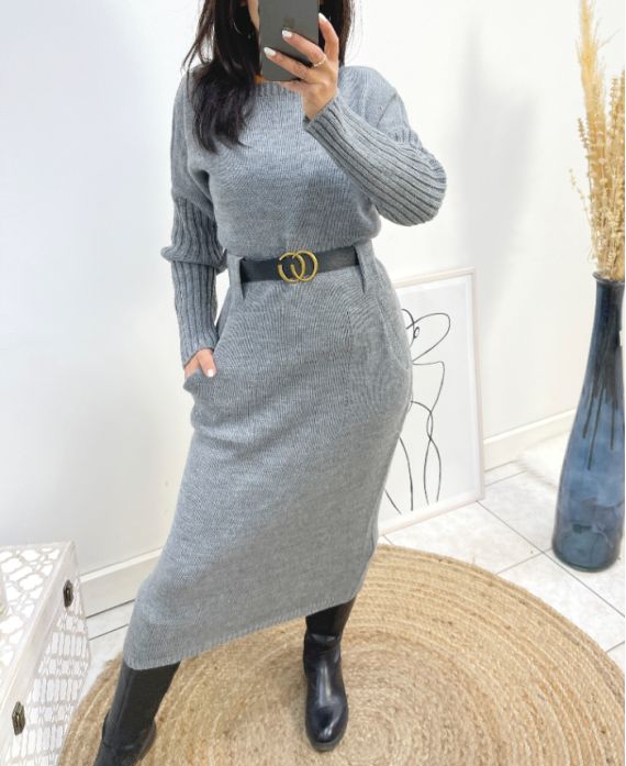 ROBE LONGUE A POCHES + CEINTURE OFFERTE AH812 GRIS