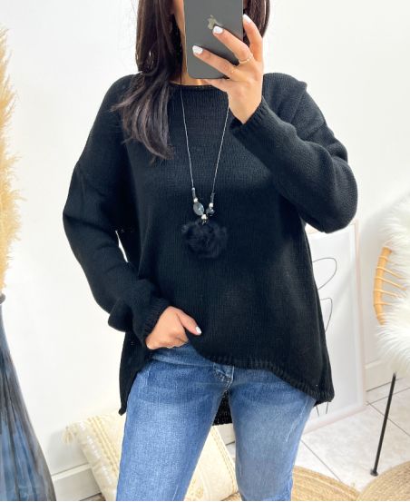 ASYMMETRICAL SWEATER + FREE NECKLACE AW868 BLACK