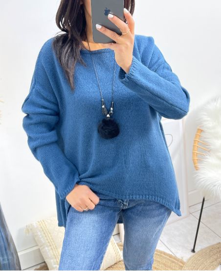 PULLOVER ASYMETRIQUE + COLLIER OFFERT AH868 BLEU PETROLE