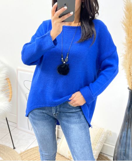 PULLOVER ASYMETRIQUE + COLLIER OFFERT AH868 BLEU ROYAL