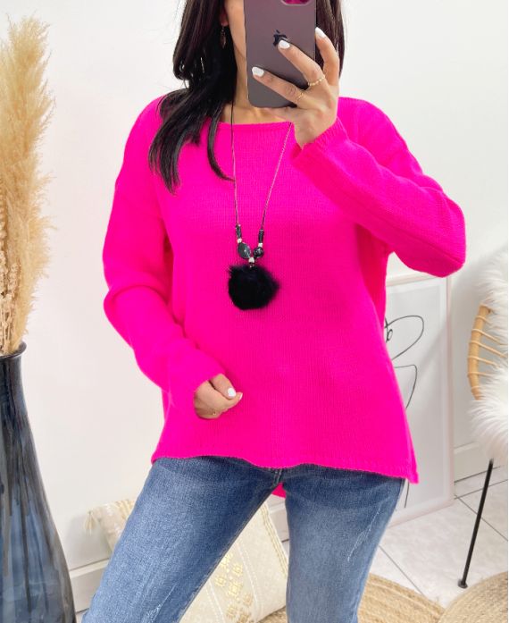 ASYMMETRICAL SWEATER + FREE NECKLACE AW868 FUSHIA