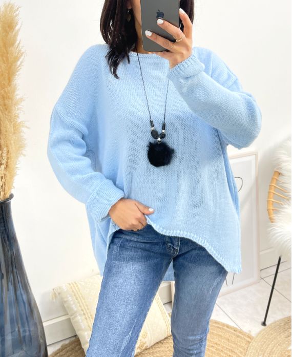 ASYMMETRICAL SWEATER + FREE NECKLACE AW868 SKY BLUE