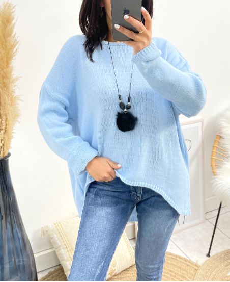 ASYMMETRICAL SWEATER + FREE NECKLACE AW868 SKY BLUE