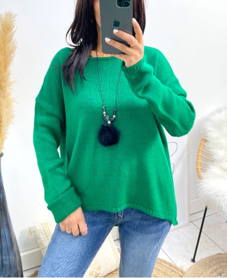 PULLOVER ASYMETRIQUE + COLLIER OFFERT AH868 VERT EMERAUDE