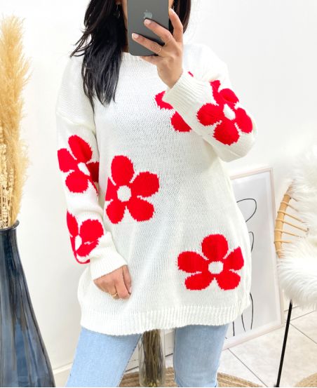 BLUMENPULLOVER AW903 WEISS/ROT