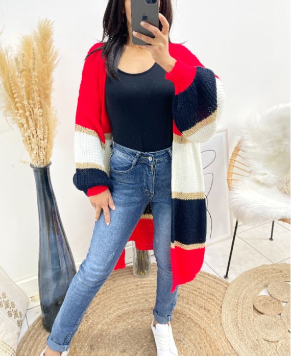 MULTICOLOR LUREX LONG PUFF SLEEVE CARDIGAN AW922 RED