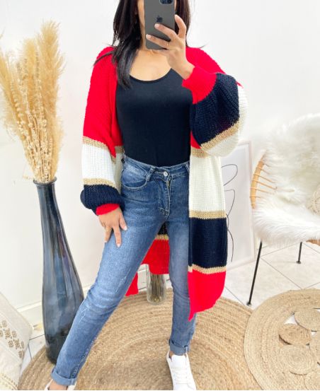 MULTICOLOR LUREX LONG PUFF SLEEVE CARDIGAN AW922 RED